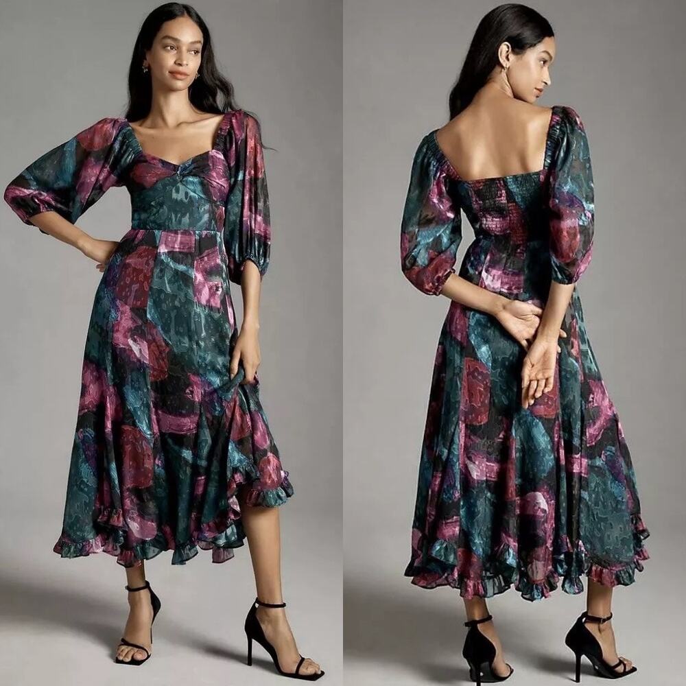 Smocked Back Midi Dress in Teal and Magenta